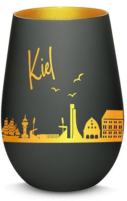Gravur-Max Windlicht mit 360° Gravur Skyline Kiel Deko Glaslicht als tolles Geschenk mit Einer hochwertigen Lasergravur zu jedem Anlass in der Farbe Schwarz/Gold
