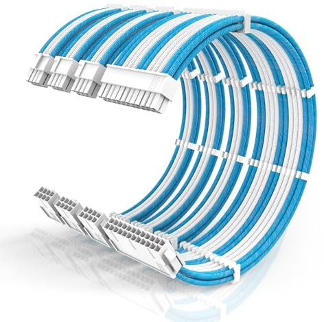 16AWG PSU Cable Extension Kit with Cable Combs,1x24pin ATX/1x8pin(4+4) EPS/2x8pin(6+2) PCIE Extension Cable,Cable Extension PC Sleeved Cables 30cm Length,Power Supply Extension Cable Kit(Blue/White)