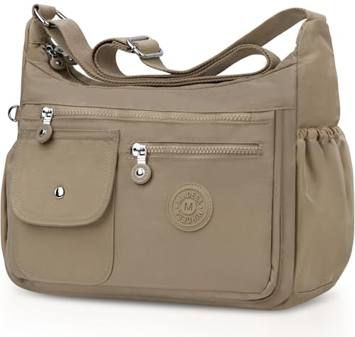 BTNEEU Umhängetasche Damen Groß Nylon Crossbody Bag Wasserdicht Gross Handtasche mit Vielen Fächern Leicht Schultertasche Mittelgroß Verstellbarer Messenger Bag für Einkaufen, Reisen, Schule (Khaki)