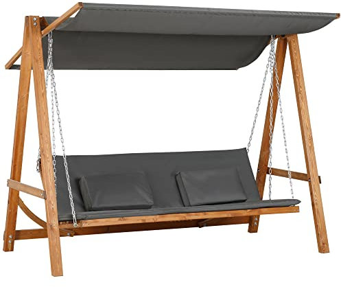 Outsunny Hollywoodschaukel mit Bettfunktion 3-Sitzer Holzschaukel mit verstellbarem Sonnendach Lärche Gartenschaukel belast 250kg Gartenliege Schaukelbank für Terrasse, 225,5 x 113 x 180 cm Grau+Teak