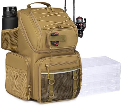 FRETHIND Angelrucksack mit 4 Boxen 50L Angeltasche mit Kühlfach & Rutenhalter wasserabweisend Angelzubehör Rucksack für Angeln Camping Wandern (Braun)