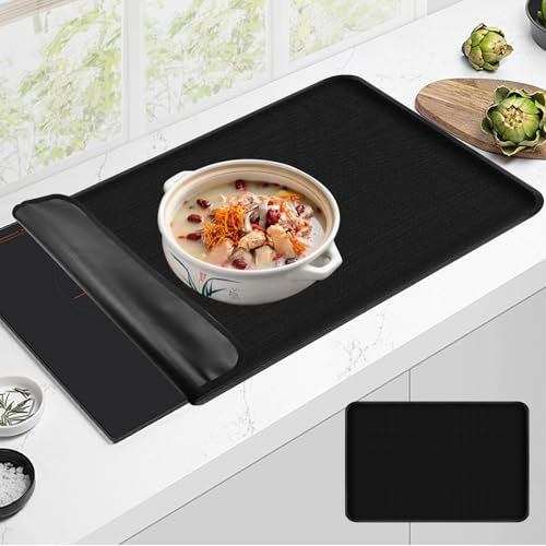 OMJMYY Induktion Schutzmatte Silikon - 52x80cm Hitzebeständig bis 300°C, Kratzfest & Wärmeisolierte Induktionskochfeld Matte für Induktionsherd (Rechteckig, Schwarz)
