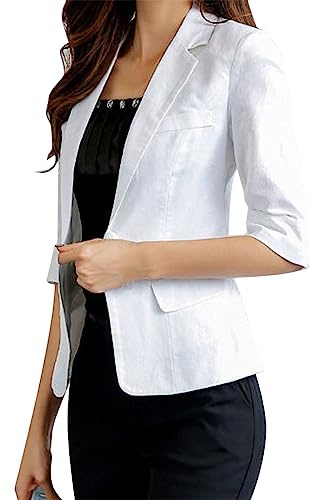 Blazer, elegante giacca corta da donna, maniche a 3/4, in lino, casual, blazer aperto, tinta unita, per lavoro, ufficio, blazer, per il tempo libero, per le mezze stagioni