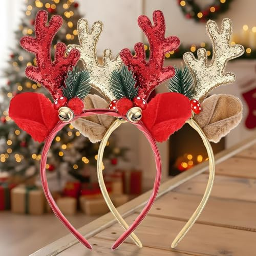 2 Stk Weihnachts-Stirnbänder,Haarreif Weihnachten Geweih,Glitzer Weihnachten Haarreifs,Weihnachtsbaum Geweih Haarreif,Rentier Geweihs Stirnband,Weihnachts Party Haarschmuck Weihnachts Kopfschmuck