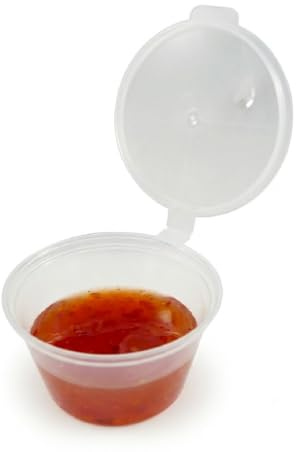 We Can Source It Ltd - Round Plastic Containers with Hinged Lids 2oz(60ml) – Food Grade Sauce Cups for Hot and Cold Storage, Freezing, Takeaway – Stackable, Microwave and Dishwasher Safe - Pack of 100