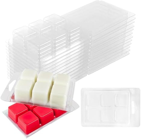 Asyduey 30pcs Wax Melt Container Clamshell Packaging Mold Box 6 Cavity Clear Plastic Cube Tray Wax Melt Clamshells Molds Square