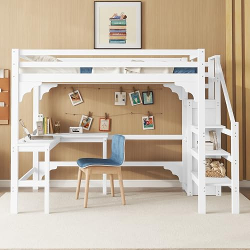 Oxtao Hochbett 140x200cm, Etagenbett mit stilvoller L-förmiger Schreibtisch und Treppe, Offener Kleiderschrank, Kiefernholz, Minimalistischer Stil, Funktionsbett, Stockbett Jugendhochbett