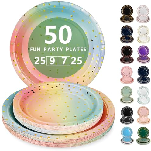 Nkaiso Vaisselle Jetable,50 Pcs Arc-en-ciel et Or Assiette Carton | 25 Assiettes Plateaux 23cm & 25 Assiettes Dessert 18cm - Pour Mariage, Anniversaire & Événements