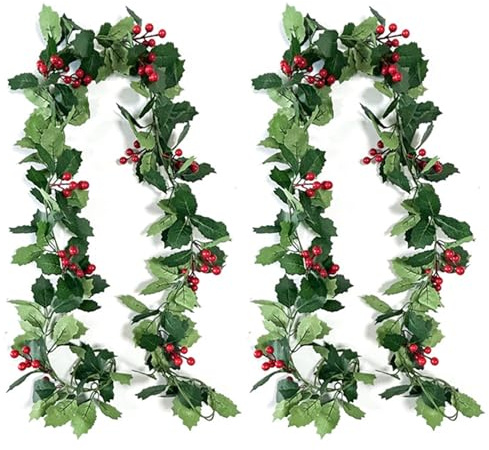 TYXHXTF 2PCS Guirnalda Navidad, Guirnalda de Navidad Artificial Bayas Rojas y Hojas, Acebo Artificial Guirnalda, Guirnalda NavideñA para Escaleras, Puerta, Chimenea, Decoración de Interior/Exterior