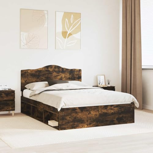 Runheo Bettrahmen Geräucherte Eiche 160x200 cm, Massives Kiefernholz Kopfteil, Modernes Design, Langlebiges Schlafzimmer Möbel, King Size Bett