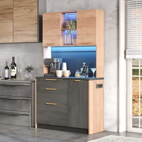 Merax Küchenschrank, Buffetschrank mit LED und Steckdosen, Betonoptik, Küchenmöbel mit Schublade, Offene Regale und Verstellbaren Ablagen, Stauraum für Küche, Esszimmer, 100x40x180cm (Natur+Schwarz)