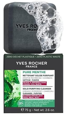 Yves Rocher Pure Menthe - Festes Reinigungsgel - 75 g | Klärender Gesichtsreiniger mit Pfefferminze & Aktivkohle - Talgregulierend - Für unreine, fettige Haut