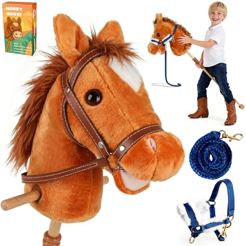 IEEILULU Hobby Horse, Steckenpferd Kinder Braun, Holzpferd für Draußen mit Hobby Horse Trense, Räder und Griffe für Garten, Geburtstag & Reitspiele (Braun)