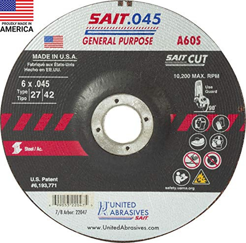 United Abrasives-SAIT 22047 A60S General Purpose Cut-Off Wheel (Type 27/Type 42 Depressed Center) 6 x .045 x 7/8, 50-Pack