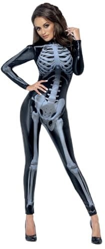 Smiffys Costume Fever de Mlle fouettarde squelette, noir, avec catsuit imprimée