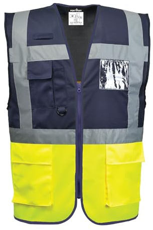 Portwest C276 Paris Hi-Vis Contrast Executive Vest Two Lower Patch Pockets | Yellow/Navy, Medium, EN ISO 20471 Class 1, Regular Fit, Front Zip Opening, Dual ID Holder, Radio Loop, Warp Knit, Corporate