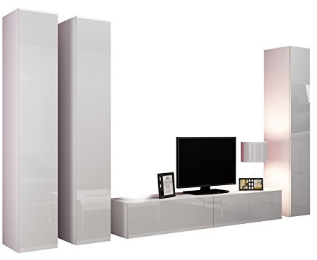 Wohnwand VIGO I Anbauwand Modernes Wohnzimmer Set, Mediawand Hängeschrank Schrankwand (Weiß/Weiß Hochglanz)