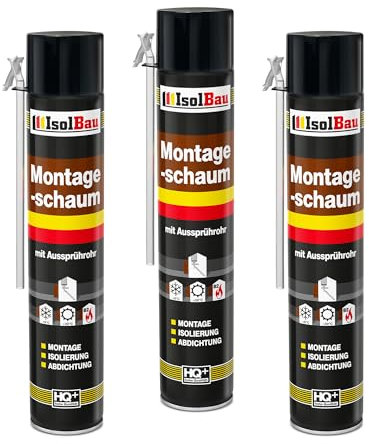 Isolbau Bauschaum B2 Montageschaum mit Aussprührohr - PU-Pistolenschaum Adapterschaum für Montage, Isolierung, Abdichtung, Innen & Außen - 3 x 750 ml