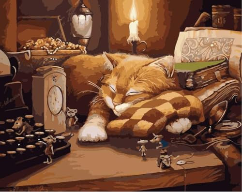 Fuumuui Malen Nach Zahlen Erwachsene und Kinder Anfänger Gemälde inklusive Pinsel und Acrylfarben 40 x 50 cm - Anime, Maus und schlafende Katze