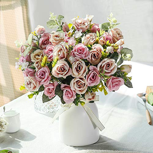 LESING Rose Artificielle en Soie avec Vase - Bouquet de Fleurs artificielles pour Mariage, Maison, Bureau, fête, décoration de Table (Violet)