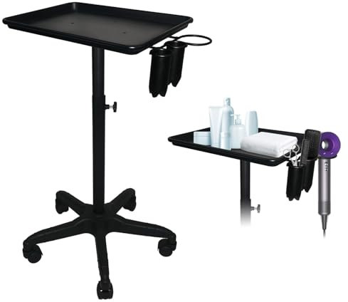 LEIBOU Beauty Aluminum Salon Tray Cart, Professional Adjustable Salon Instrument Trolley Stand with 5 Casters and Accessory Caddy, Large Tray, Beauty Tool Trolley Service Cart (Black)