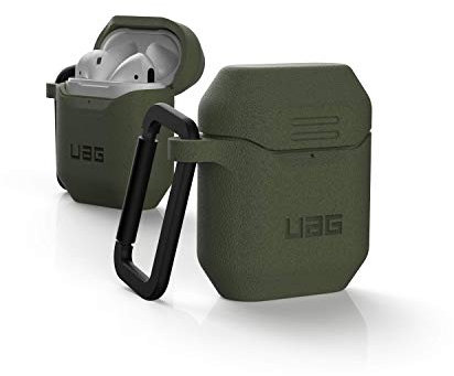 Urban Armor Gear Hülle Apple Airpods 2 (2019) / Apple Airpods 1 (2016) (Texturiertes einteiliges Silikon Case, Wireless Charging kompatibel, Karabinerhaken, Lightning-Anschluss Abdeckung) Olive