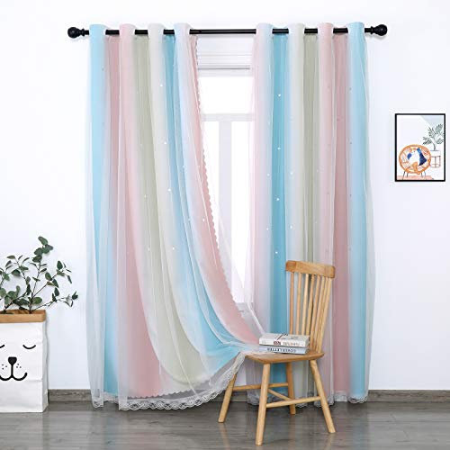 Vorhang Blickdicht Verdunkelungsvorhänge Sterne Gardinen Doppelschicht Sternenvorhänge mit Voile Vorhänge für Mädchen Schlafzimmer Wohnzimmer Kinderzimmer, 2 Stück (Regenbogen, B130 x H 243 cm)