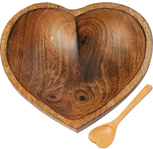 Heart Shaped Wood Bowl and Spoons - Rustic Decorative Wooden Bowls for Cereal, Soup, Smoothie, Salad and Dessert (8 Set of 1)