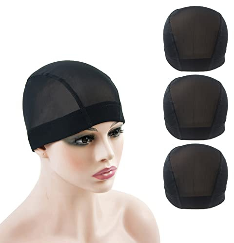 3 Stück Dome‑Cap‑Haarnetze mit feiner Maschenstruktur, Perückenkappen, dehnbar mit breitem Elastikband, zum Tragen unter Perücken (Schwarz L)