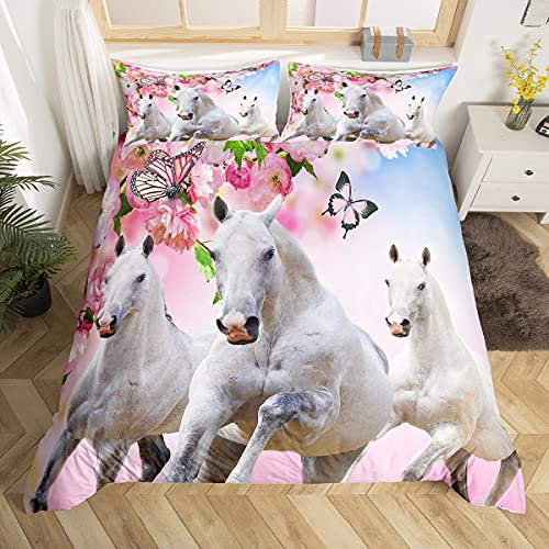Mädchen Pferde Bettwäsche 140 x 200 cm für Kinder Rosa Blumen Weiß Pferd Galop Bettbezug Kirschblüte Schmetterling Bettbezug 3D Wildtier Schlafzimmer Deko 2 Stück