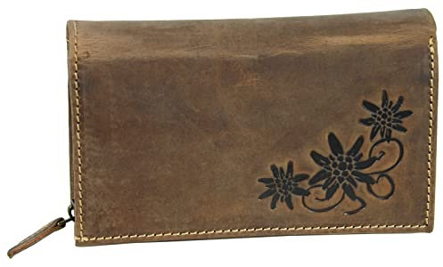 WILD THINGS ONLY !!! Große Damen Geldbörse aus Antik-Leder mit vielen Fächern - Motiv-Prägung - Farbe Braun