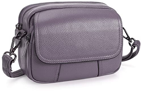 HAWEE Damen Handy Umhängetasche Echtes Leder Crossbody Schultertasche mit 3 Reißverschlüsse Kleine Handytasche zum Umhängen mit Verstellbar Abnehmbar Schultergurt, Lila