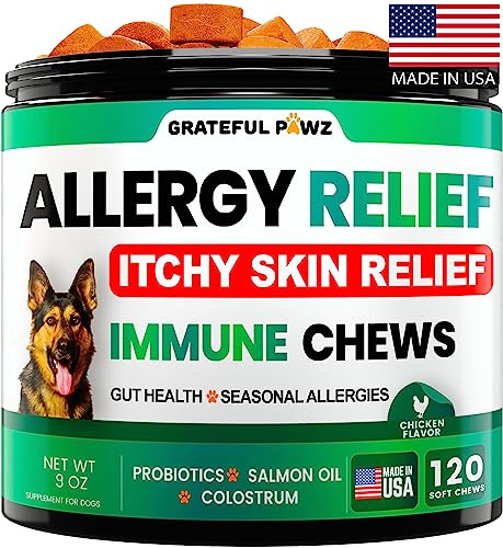 Dog Allergy Relief Chews - Dog Itch Relief - Probiotics, Omega 3, Colostrum | Fish Oil for Itchy Skin - Seasonal Allergies - Anti Itch Support & Hot Spots - Immune Health Supplement, Made in USA