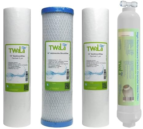 TWaLa Wasserfilter Set 10 4-teilig Ersatzfilter Umkehrosmose Anlage RO Sediment Aktivkohleblock Aktivkohlegranulat (3 Vorfilter + Nachfilter)
