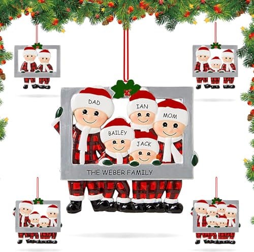 Christmas Tree Decorations,Christmas Tree Pendant Xmas Decoration, Family Photo Frame Fireplace Ornament, Resin DIY Name Xmas Pendant Decoration Souvenirs for Friends Kids (Family of 5)