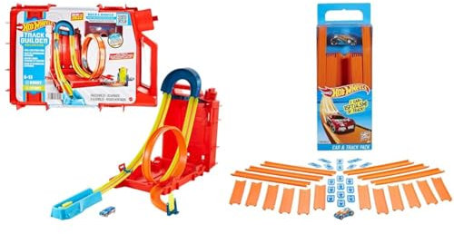 Hot Wheels HDX78 - Track Builder Unlimited Benzinkanister-Stuntbox, Zusammenbau-Set & BHT77 - Track Builder Pack inklusiv Fahrzeug, Spielzeug Autorennbahn ab 4 Jahren