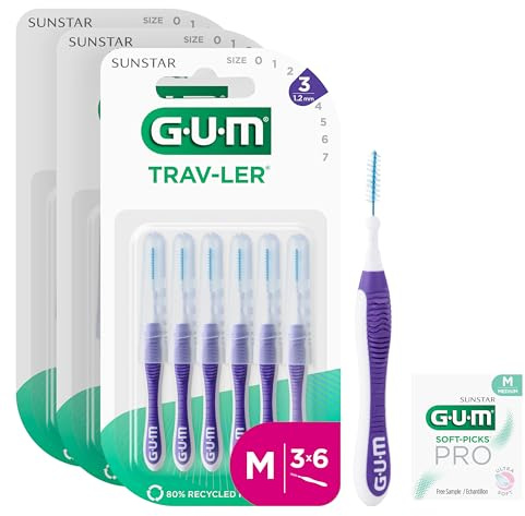 GUM TRAV-LER Scovolini interdentali | manico flessibile | pulizia profonda tra i denti e rimozione della placca | 1.2 mm, ISO 3 | Taglia M | Confezione 3x6 (+ 1 campione omaggio)
