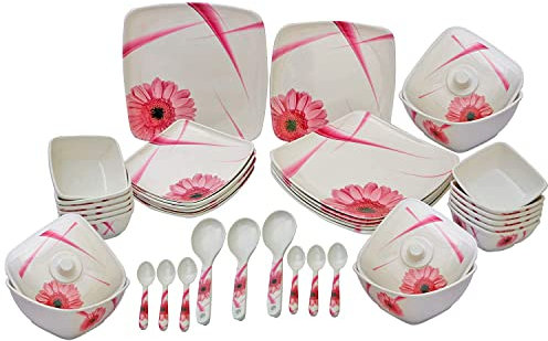 Square Shape Melamine Dinner Set 40 Pieces for Kitchen White and Pink Flowers