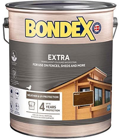 Bondex Extra Wood Stain - Walnut – Suitable for Exerior Wood - Weather & UV Protection – Water Based – 4 Years Protection - 5L