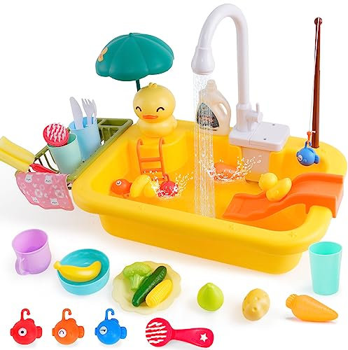 Juego de Juguetes de Cocina con Grifo de Trabajo Linda Forma de Pato para niños Juego de Pesca Juego de Diapositivas Fregadero para niños Juego de Fregadero de Cocina con Frutas Vajilla Accesorios