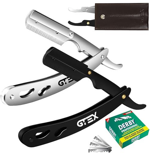 GTEX Rasoir Homme - Kit De Rasoir Barbe Homme Et 100 Lames GTEX Premium Et Une Pochette En Cuir - Coupe Choux Barbe À Lame Interchangeable - Rasoir Homme Manuel
