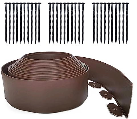 Bordure de paysage de 10,2 cm de haut, bordure de pelouse flexible avec 30 pointes, bordure en plastique pour jardin, parterres de fleurs, trottoir, marron