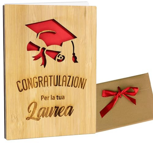 GEBETTER Biglietto Auguri Laurea in Legno, Regalo Laurea Donna Uomo Amica, Motivo Cappello di Laurea, Congratulazioni Laurea, con Busta Kraft