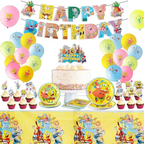 75 Pcs Spongebob Gebutstag Deko Partygeschirr, Geburtstag Party Set, Cartoon Geschirr mit Ballons, Tellers, Serviettes, Tortendeko, Kindergeburtstag Deko Geschirr für Junge Mädchen Party Dekorationen