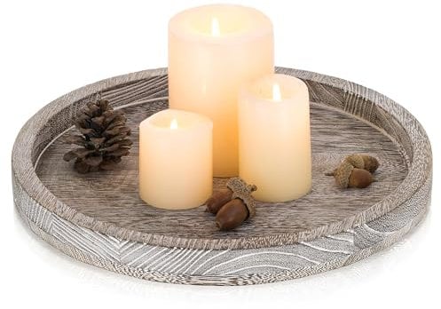 Romadedi - Bandeja decorativa redonda de madera rústica: bandeja blanca para velas de pilar, bandeja de servir de madera para centro de mesa, cocina, encimera, decoración del hogar, 30 cm