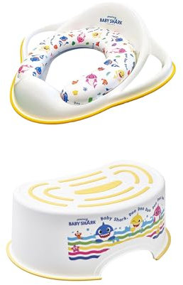 Baby Shark Padded Seat Plus Baby Shark Step Stool, Kids Toilet Training, Detachable Cushion, Lightweight, Anti-Stick Portable Seat 18M+ Toddler Toilet Range Yellow