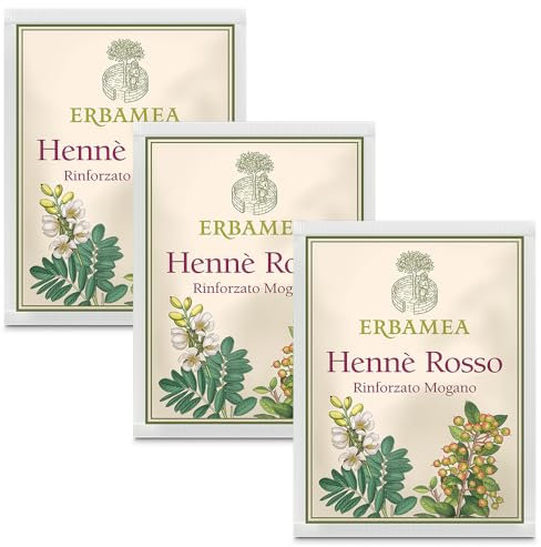 3x Erbamea - Hennè ROSSO RINFORZATO MOGANO - Busta da 100 gr - A base di polvere di Lawsonia inermis e Cassia Italica - Pacchetto da 3 buste da 100 gr l'una + in OMAGGIO 2 Tisane Funzionali Viropa