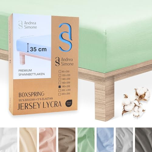 Andrea Simone Premium Spannbettlaken 180x200cm | Bettlaken 180x200 | Spannbetttücher auch für Boxspringbett, bis 35cm, 95% Baumwolle + 5% Lycra, Grün Spannbetttuch, 185 g/m², Jersey 180 x 200