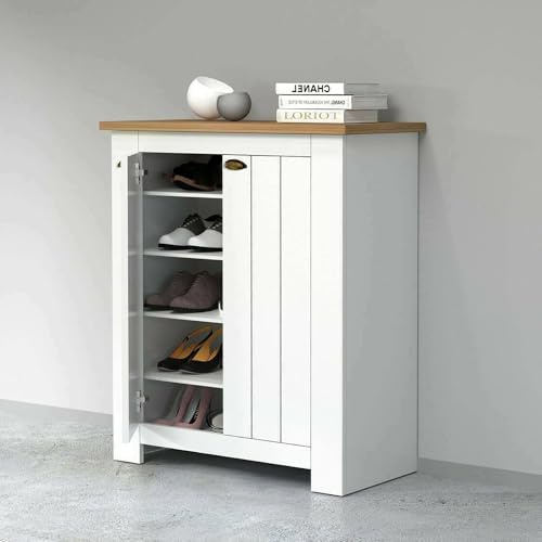 Dmora - Schuhregal Tonio, platzsparendes Schuhregal mit 2 Türen, multifunktionale Eingangsgarderobe, 84x42h100 cm, Weiß und Eiche