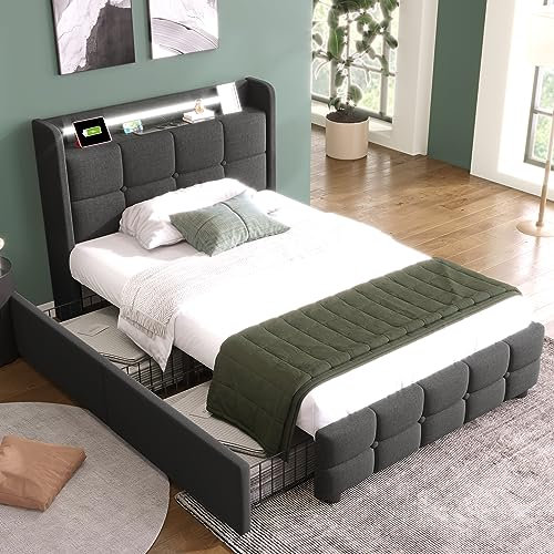 Polsterbett 90x200, Einzelbett mit 2 Schubladen und Lattenrost, Kopfteil mit USB-Ladefunktion und LED-Beleuchtung, Stauraumbett Funktionsbett Jugendbett Rückenlehne Bettgestell, Grau, Ohne Matratze